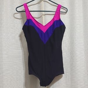 Vintage 80s Slim Allure Swimsuit One Piece Women's 14 V Neck Black Purple Pink